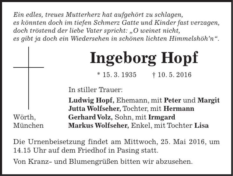 Traueranzeige Ingeborg Hopf