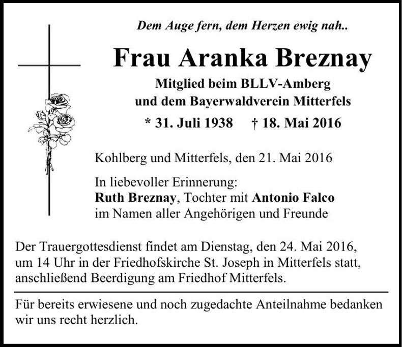 Traueranzeige Aranka Breznay