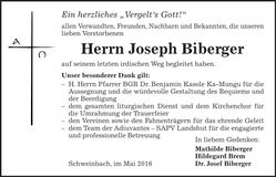 Traueranzeige Joseph Biberger