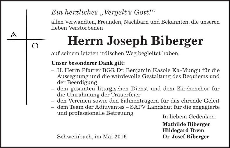 Traueranzeige Joseph Biberger