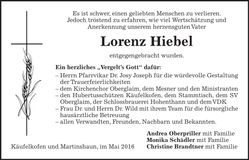 Traueranzeige Lorenz Hiebel