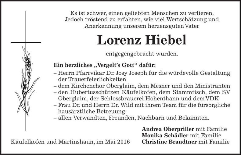 Traueranzeige Lorenz Hiebel