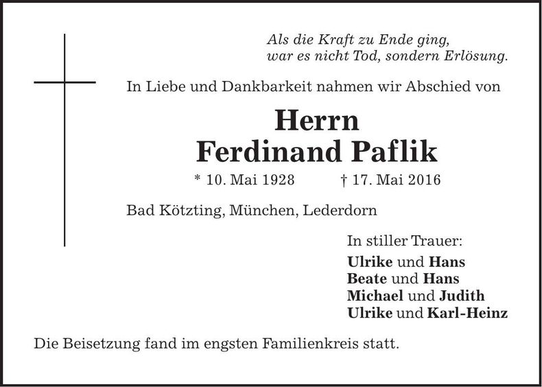 Traueranzeige Ferdinand Paflik