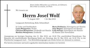 Traueranzeige Josef Wolf