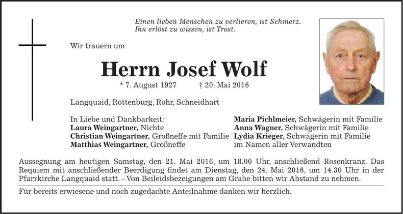 Traueranzeige Josef Wolf