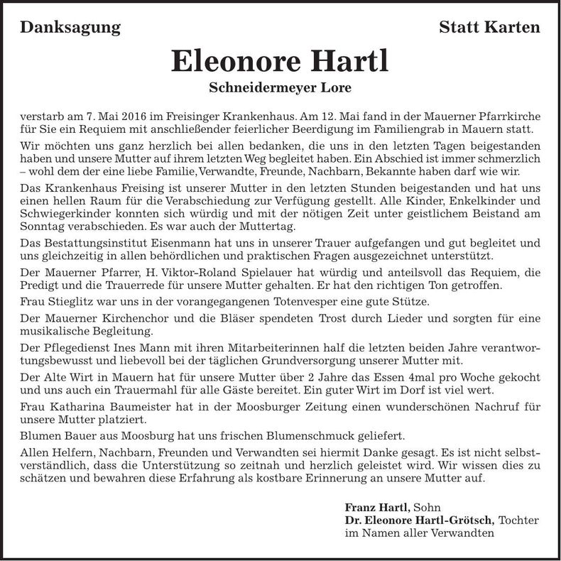 Traueranzeige Eleonore Hart