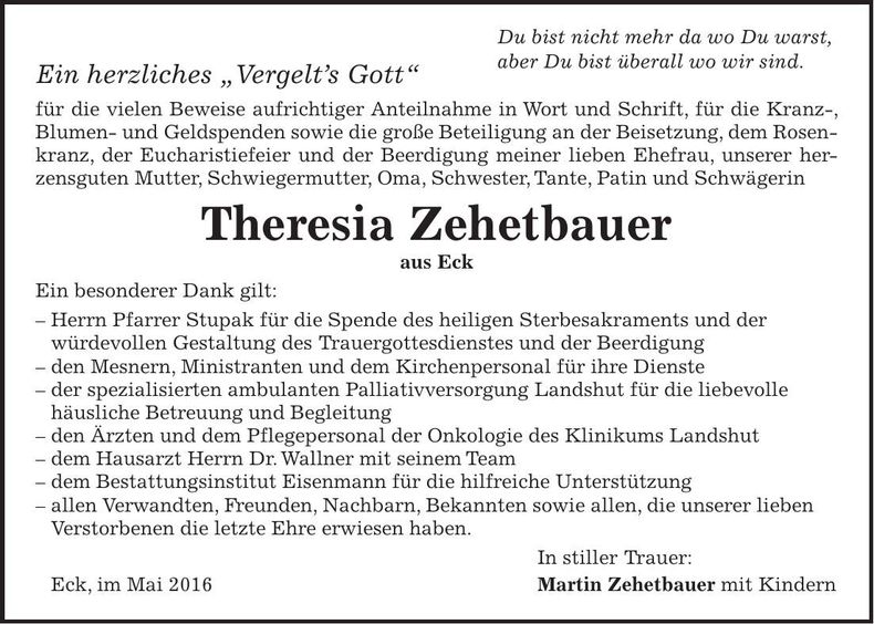 Traueranzeige Theresia Zehetbauer