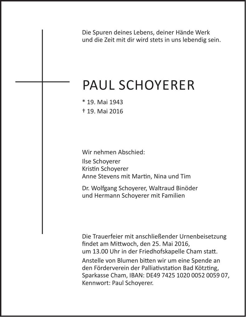 Traueranzeige Paul Schoyerer