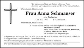 Traueranzeige Anna Schmauser