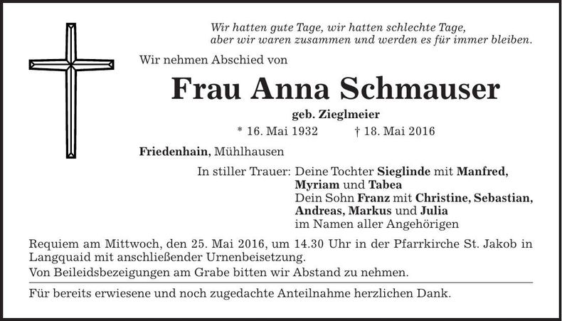 Traueranzeige Anna Schmauser