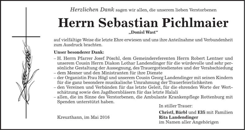 Traueranzeige Sebastian Pichlmeier