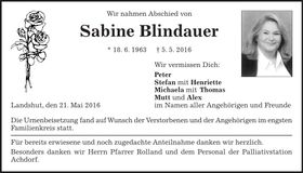 Traueranzeige Sabine Blindauer