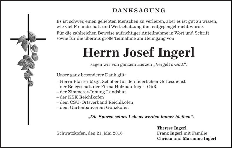 Traueranzeige Josef Ingerl