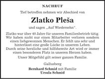 Traueranzeige Zlakto Plesva