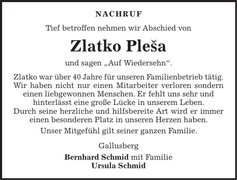 Traueranzeige Zlakto Plesva