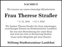 Traueranzeige Therese Straßer