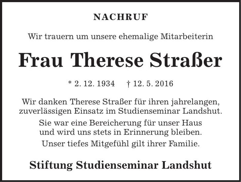 Traueranzeige Therese Straßer
