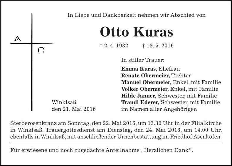 Traueranzeige Otto Kuras
