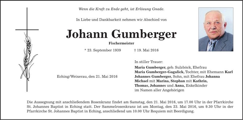Traueranzeige Johann Gumberger