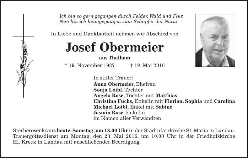 Traueranzeige Josef Obermeier