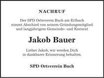 Traueranzeige Jakob Bauer