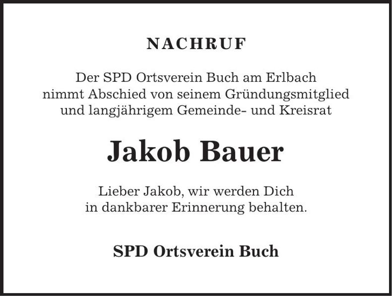 Traueranzeige Jakob Bauer