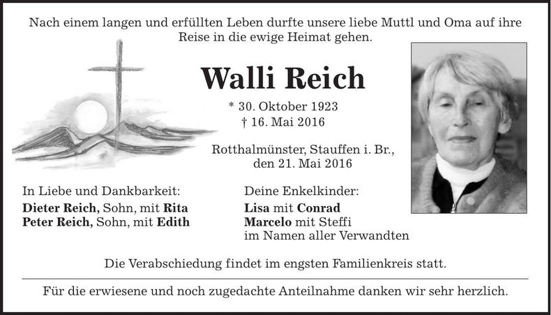 Traueranzeige Walli Reich