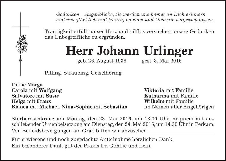 Traueranzeige Johann Urlinger