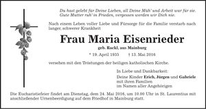 Traueranzeige Maria Eisenrieder