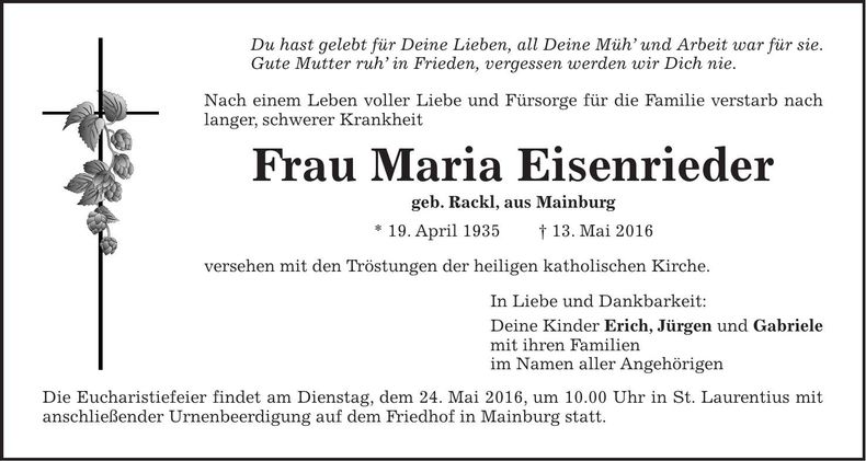 Traueranzeige Maria Eisenrieder