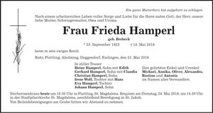 Traueranzeige Frieda Hamperl