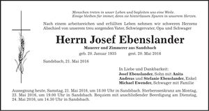 Traueranzeige Josef Ebenslander