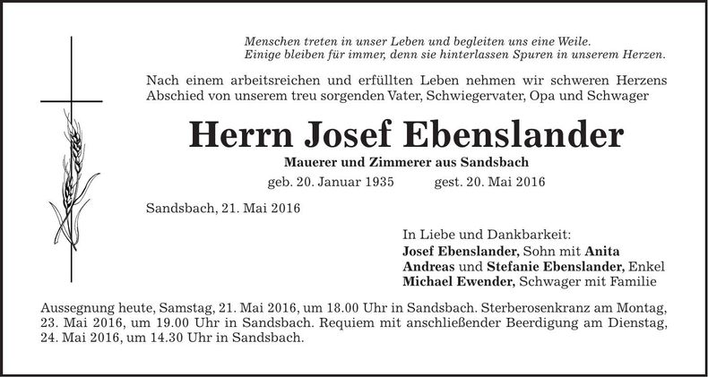 Traueranzeige Josef Ebenslander