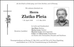 Traueranzeige Zlathko Plesa