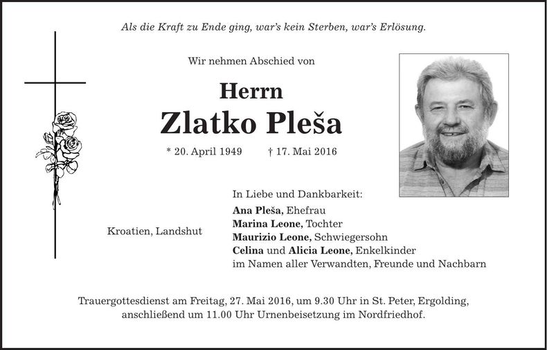 Traueranzeige Zlathko Plesa