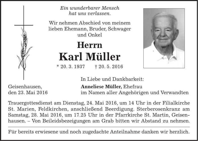 Traueranzeige Karl Müller