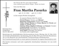 Traueranzeige Martha Pasurka