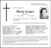 Traueranzeige Maria Geiger