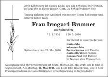 Traueranzeige Irmgard Brunner