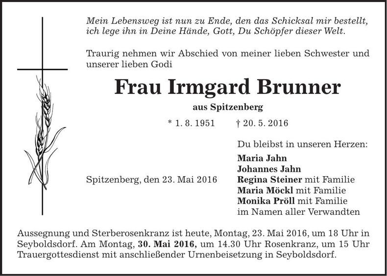Traueranzeige Irmgard Brunner