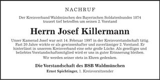 Traueranzeige Josef Killermann