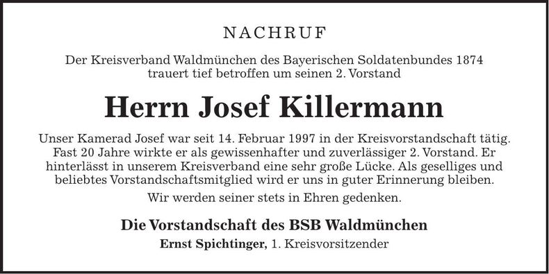 Traueranzeige Josef Killermann