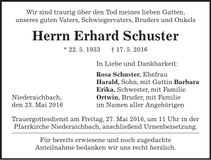 Traueranzeige Erhard Schuster