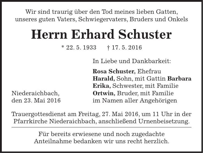 Traueranzeige Erhard Schuster
