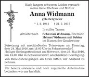 Traueranzeige Anna Widmann