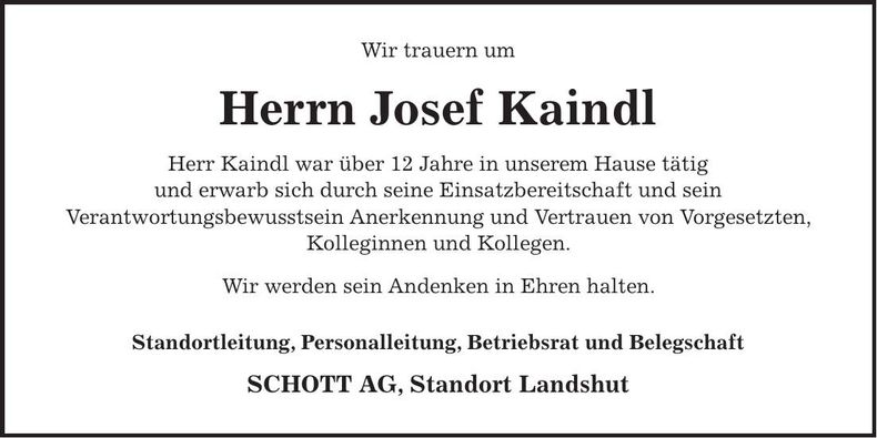 Traueranzeige Josef Kaindl