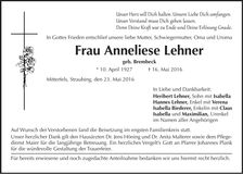 Traueranzeige Anneliese Lehner