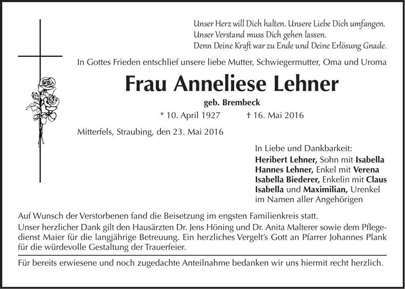 Traueranzeige Anneliese Lehner