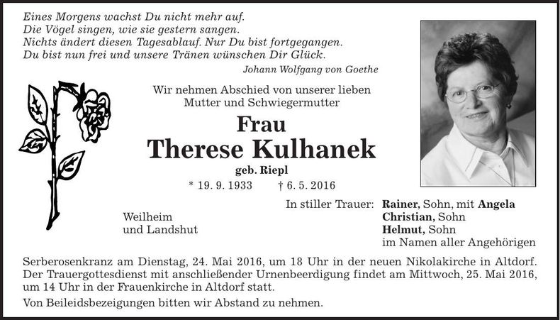 Traueranzeige Therese Kulhanek