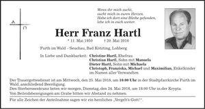 Traueranzeige Franz Hartl